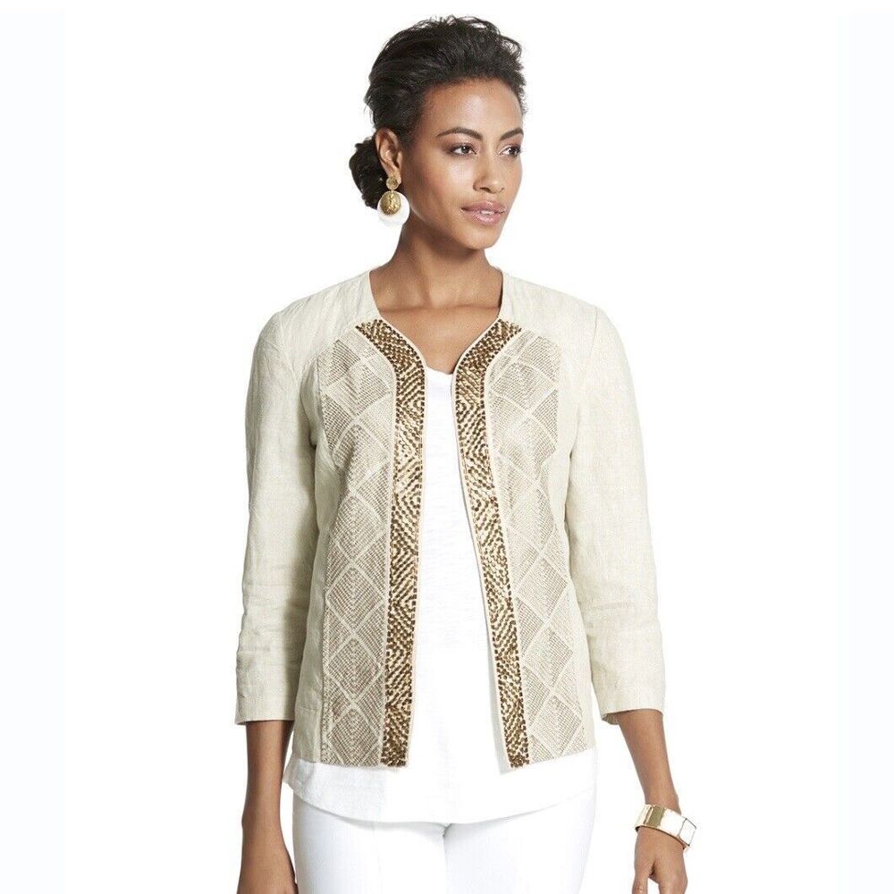 Chico's Astonishing Artisan 100% Linen Taupe Gold Beaded & Embroidered Jacket M